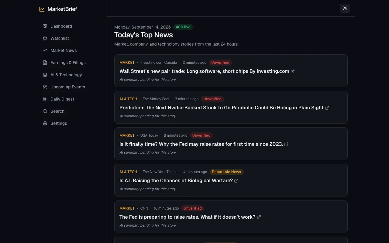 Screenshot of Market Brief